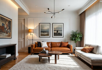 Fototapeta premium Modern living room interior design with brown leather sofa white rug and green plant minimal home decor