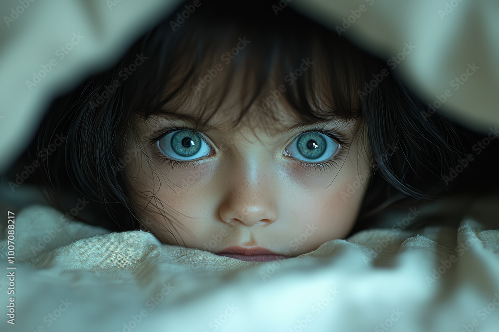 Poster a child hiding under a bed while the sounds of an argument are heard from above, creating a sense of