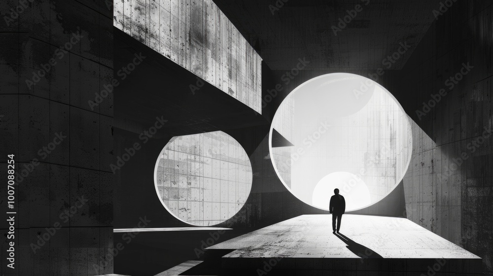 Poster A person stands next to a circular window with a view outside