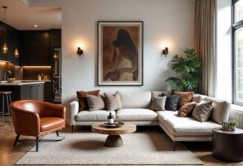 Modern apartment interior design with open living space kitchen and dining area neutral color palette large windows natural light comfortable furniture houseplants and artwork