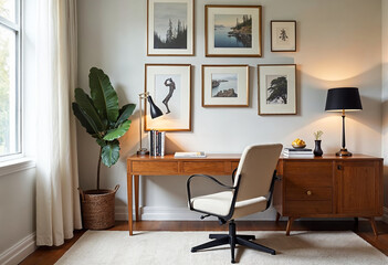 Fototapeta premium Modern home office interior design with wooden desk comfortable chair and gallery wall