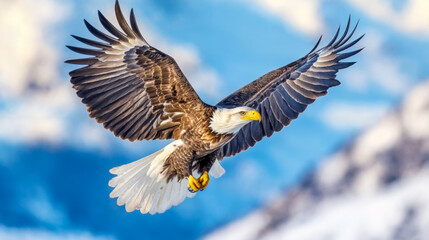 A majestic bald eagle soaring gracefully over snowy mountain peaks in bright daylight