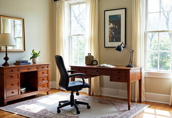 Fototapeta premium Bright home office interior design with wood desk and black leather chair