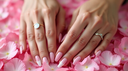 Fototapeta premium Pink manicure on a pink background with rose petals.