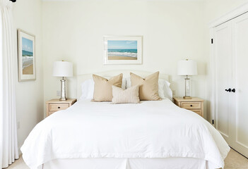 Bright white bedroom interior design with beach house decor theme minimal neutral colors bedding pillows lamps natural light windows real estate listing luxury home rental vacation property modern