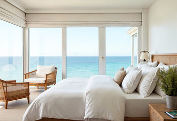 Luxury bedroom suite with ocean view rattan furniture white linens and neutral colors interior design vacation home beach house rental property