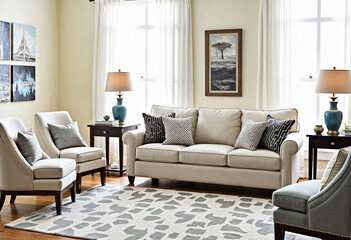 Fototapeta premium Bright living room interior with beige sofa and two armchairs hardwood floor and large windows with white curtains modern home decor