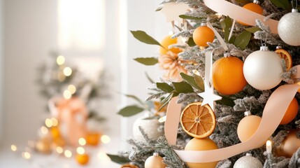 A beautifully decorated tree adorned with handmade ornaments, including ribbons, dried oranges, and paper stars.