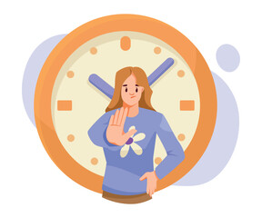 Woman Character Show Stop Sign with Clock Dial Behind Vector Illustration
