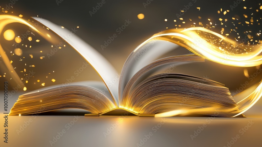 Poster a book with pages flipping in the wind, creating a sense of motion, symbolizing the flow of knowledg