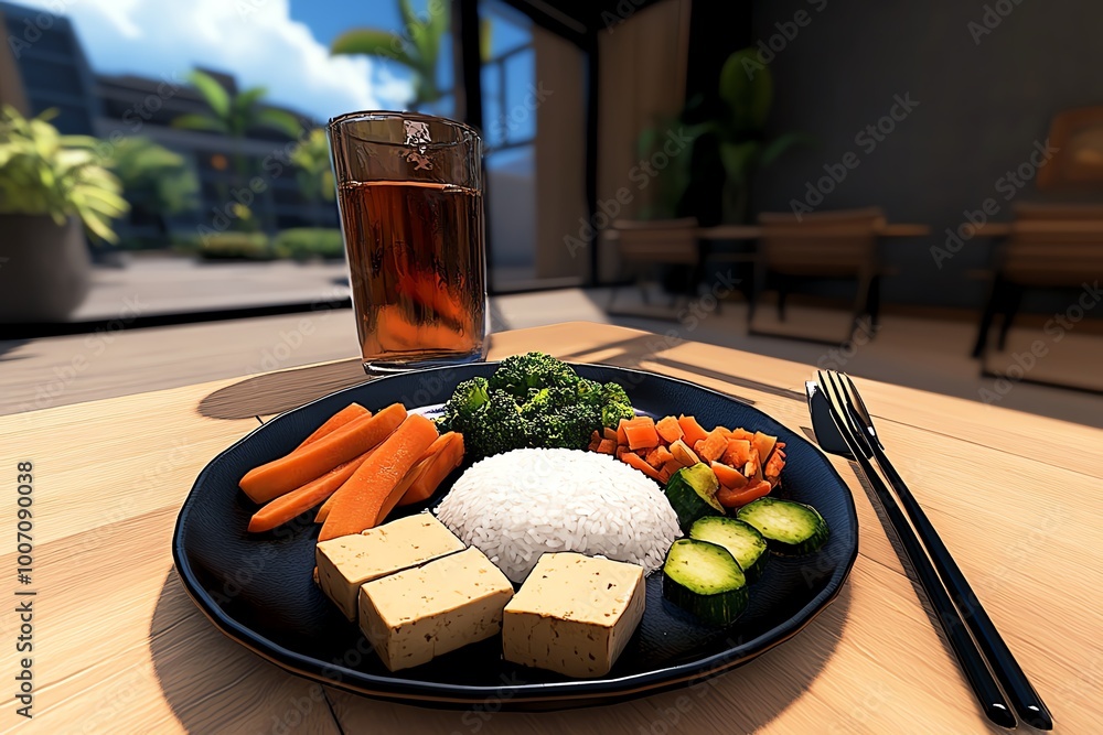 Poster interactive 3d digital vegetarian meal, where users can create custom plates of tofu, vegetables, an