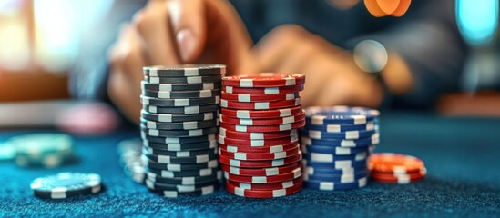 Naklejka premium Close-up of a poker table with three stacks of chips in black, red, and blue.