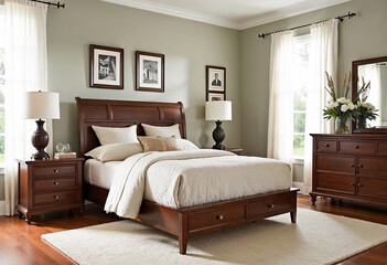 Luxury bedroom interior design with wooden furniture set white bedding and sheer curtains home decor and staging home improvement concept