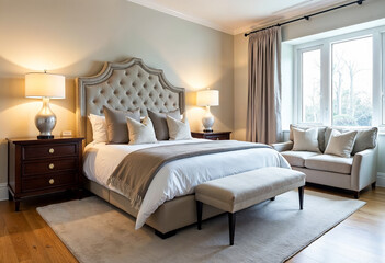 Modern bedroom interior design with beige tufted headboard bench nightstand large windows hardwood floor and area rug