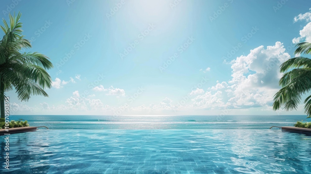 Poster a tranquil scene with palm trees surrounding an empty swimming pool, perfect for a relaxing atmosphe
