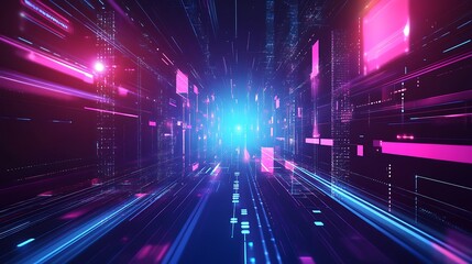 Abstract digital tunnel with blue and pink neon lights.