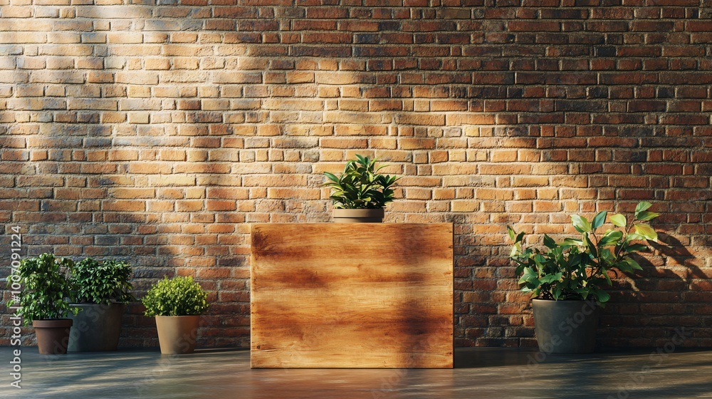 Poster Wooden block on a brick wall with potted plants.