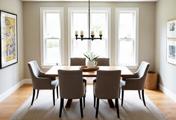 Modern dining room interior design with large windows natural light hardwood floors and minimalist furniture