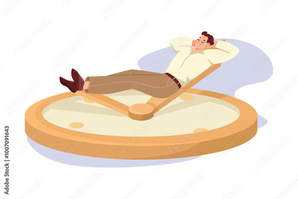 Aufkleber man character sleeping on clock dial arrow vector illustration