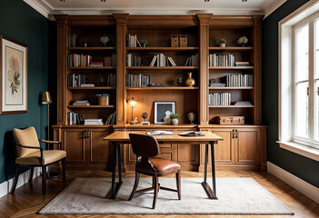 Classic Home Office Interior Design with Wooden Bookshelves Desk and Comfortable Chair Natural Light Green Walls and Elegant Decor Workspace Inspiration Warm and Inviting Ambiance