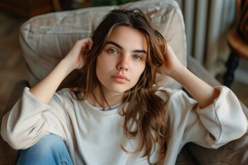 Fototapeta premium A woman sits on a couch with her hands on her head, looking stressed or frustrated