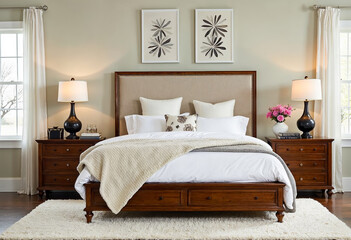 Luxury bedroom interior design with wooden furniture king size bed and white linen