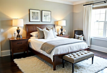 Luxury master bedroom interior design with wooden furniture white bedding and fluffy rug