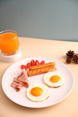breakfast egg fried ham and sausage breakfast in studio shooting