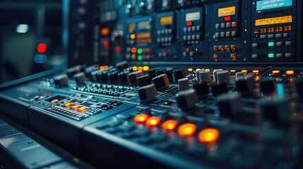 A close-up view of a control panel with various lights and displays