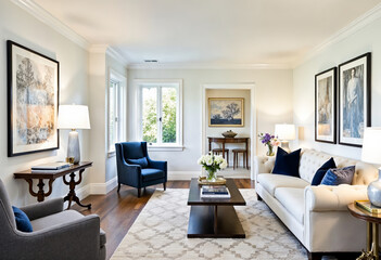 Elegant White Living Room Interior Design With Blue Accents Furniture Hardwood Floors And Large Artwork
