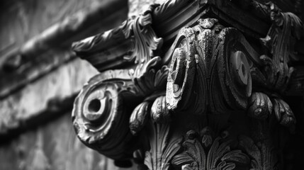 A black and white photograph of a decorative column with intricate details
