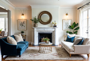 Elegant Living Room Interior Design With Marble Fireplace And Hardwood Floor With Area Rug Two Sofas Golden Accents And Large Windows