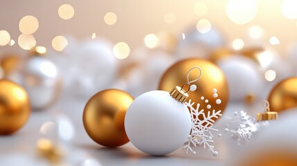 A close-up of gold and white Christmas ornaments, featuring delicate snowflake designs, adding a touch of elegance to a festive scene.