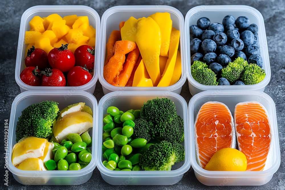 Poster minimalist design of a weekly meal prep plan, showing clean, simple containers filled with portions 