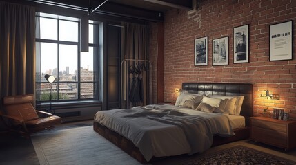 Stylish loft bedroom with exposed brick walls, industrial lighting, and a cozy bed