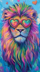 Fototapeta premium Lion with rainbow mane and heart-shaped sunglasses on a colorful background