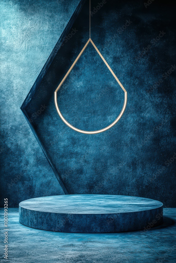 Poster minimalist stage design with a blue background featuring a geometric hanging element and circular pl