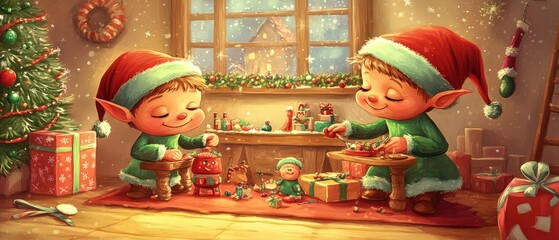 Two elves are playing with toys in a room decorated for Christmas
