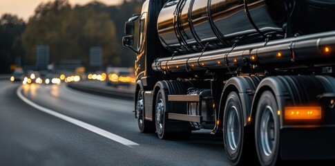 Naklejka premium A large black semi truck is driving down a highway. The highway is busy with many cars and trucks