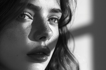 Portrait of a woman with freckles and natural skin tone, suitable for beauty or lifestyle images