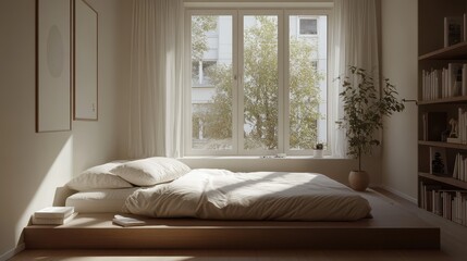 Stylish minimalist bedroom with a low bed frame, clean lines, and a cozy reading nook