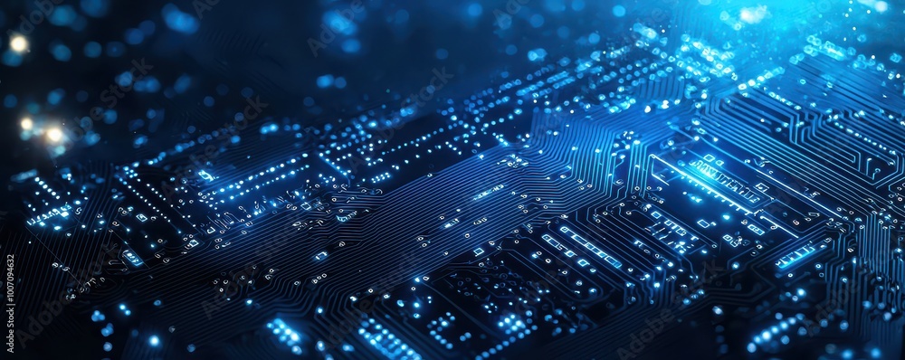 Poster minimalistic blue circuit board background with glowing lines symbolizing technology and digital con