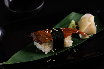 Unagi Sushi Eel sushi Japanese food Japanese seafood isolated in black background