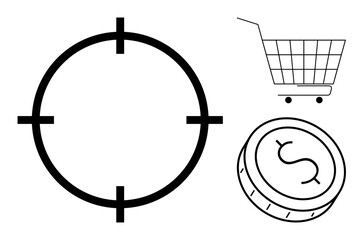 A black target symbol, a black dollar coin and a black shopping cart on a white background. Ideal for business, finance, marketing, e-commerce, investment. Simple, clean, modern