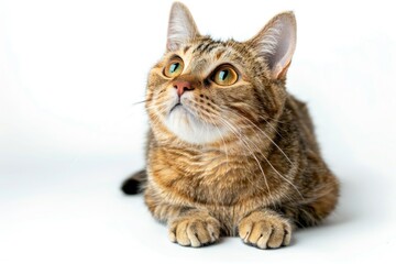 A domestic tabby cat sitting on a white surface, looking upwards
