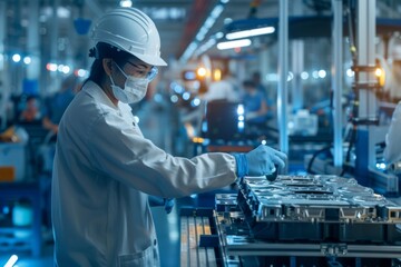 Obraz premium Chinese technician working on EV car battery cells in electric vehicle factory