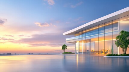 Fototapeta premium A corporate office building exterior with large, floor-to-ceiling windows and clean, angular lines, creating a sleek, modern look.