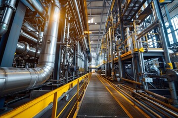 Interior of a modern industrial building with metal structures and yellow markings