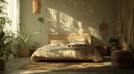 Tranquil bedroom scene with a natural-style bed, earthy decor elements, and soft, diffused light