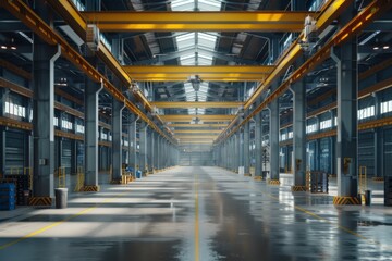 Fototapeta premium Interior of a modern industrial building with metal structures and yellow markings
